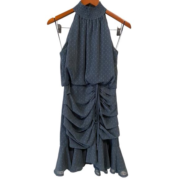 Two Sisters The Label Pip Mini Dress US 6 Ruched Ruffle Blue Polka Dot Cocktail - Picture 15 of 16